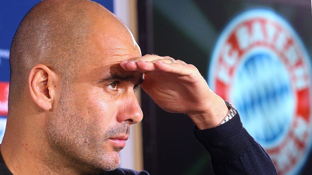 MUNICH, GERMANY - NOVEMBER 23: Josep Guardiola, head coach of Bayern Muenchen looks on during a FC Bayern Muenchen press conference, on the eve of their UEFA Champions League match against Olympiacos FC, at Bayern`s training ground Saebener Strasse on November 23, 2015 in Munich, Germany. (Photo by Alexander Hassenstein/Bongarts/Getty Images)