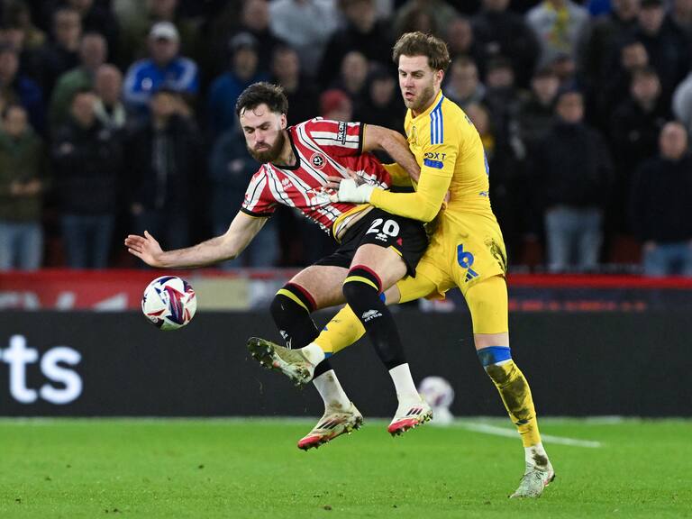Sheffield United's Ben Brereton Diaz and Leeds United's Joe Rodon (right) battle for the ball during the Sky Bet Championship match at Bramall Lane, Sheffield. Picture date: Monday February 24, 2025. (Photo by Cody Froggatt/PA Images via Getty Images)