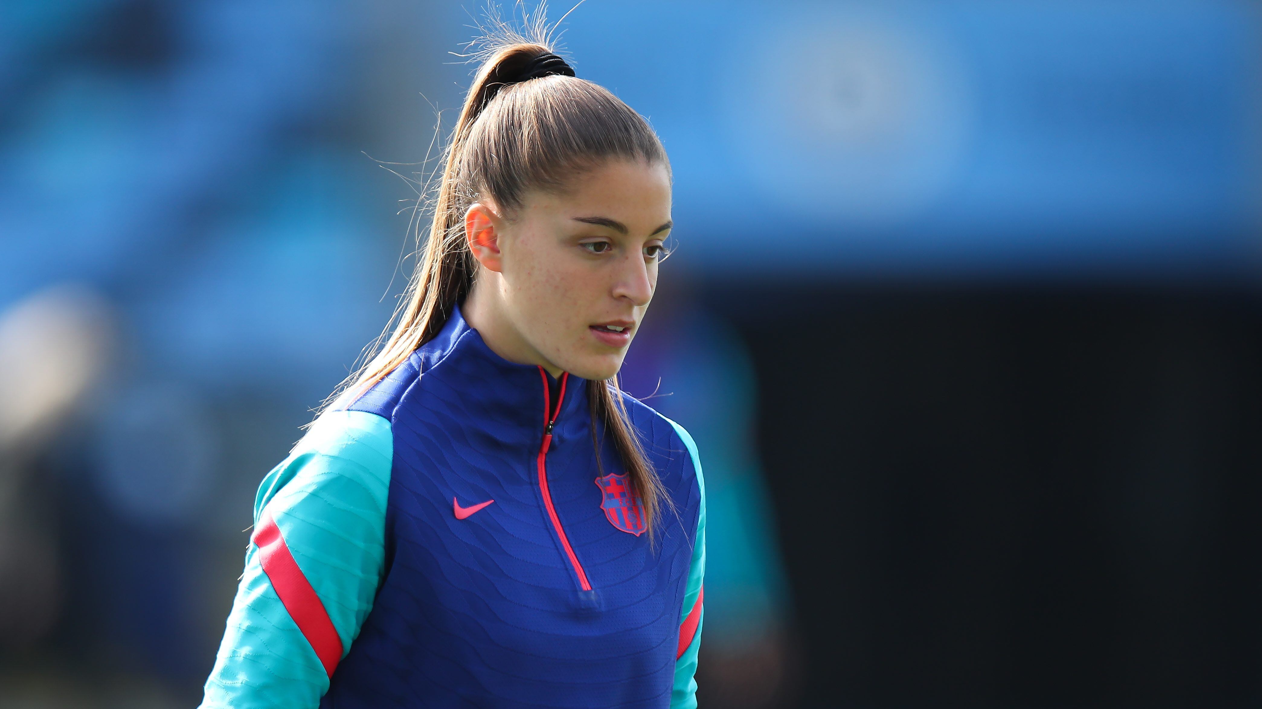 MANCHESTER, ENGLAND - MARCH 31: Giovana Queiroz of FC Barcelona Femenino during the Second Leg of the UEFA Women's Champions League Quarter Final match between Manchester City Women and FC Barcelona Femenino at The Academy Stadium on March 31, 2021 in Manchester, England. (Photo by Robbie Jay Barratt - AMA/Getty Images)