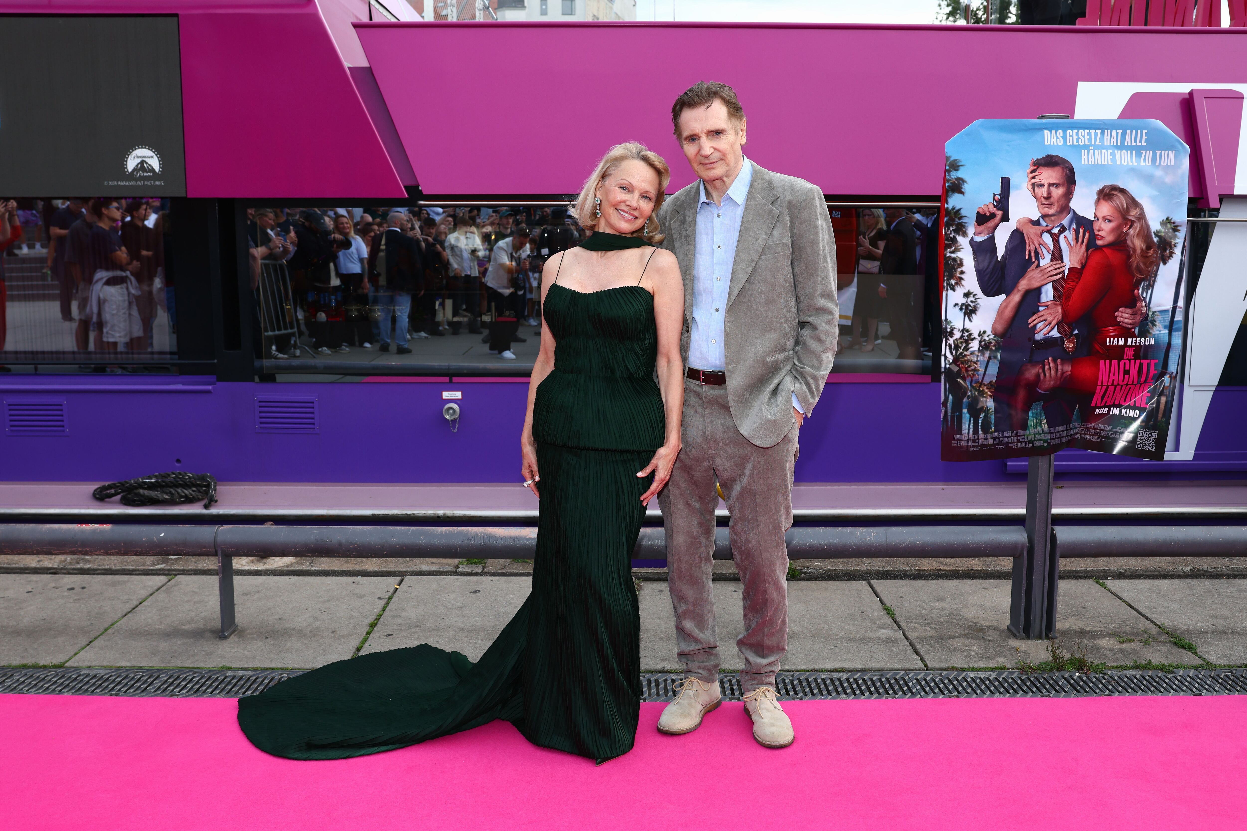 BERLIN, GERMANY - JULY 24: Pamela Anderson and Liam Neeson attend "The Naked Gun" German Premiere aboard "The Pioneer" at Anlegestelle John-Foster-Dulles-Allee on July 24, 2025, in Berlin, Germany. (Photo by Sebastian Reuter/Getty Images for Paramount Pictures)