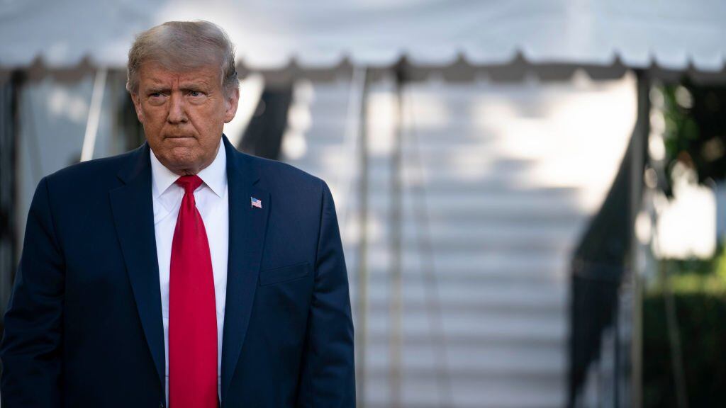 WASHINGTON, DC - SEPTEMBER 19: U.S. President Donald Trump walks to speak to members of the press prior to his departure from the White House on September 19, 2020 in Washington, DC. President Trump is traveling to North Carolina for a campaign rally. (Photo by Sarah Silbiger/Getty Images)