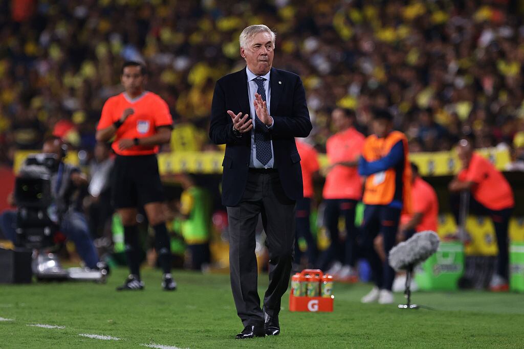 GUAYAQUIL, ECUADOR - JUNE 05: Carlo Ancelotti, Head Coach of Brazil reacts during the FIFA World Cup 2026 Qualifier match between Ecuador and Brazil at Estadio Monumental Isidro Romero Carbo on June 05, 2025 in Guayaquil, Ecuador. (Photo by Franklin Jacome/Getty Images)