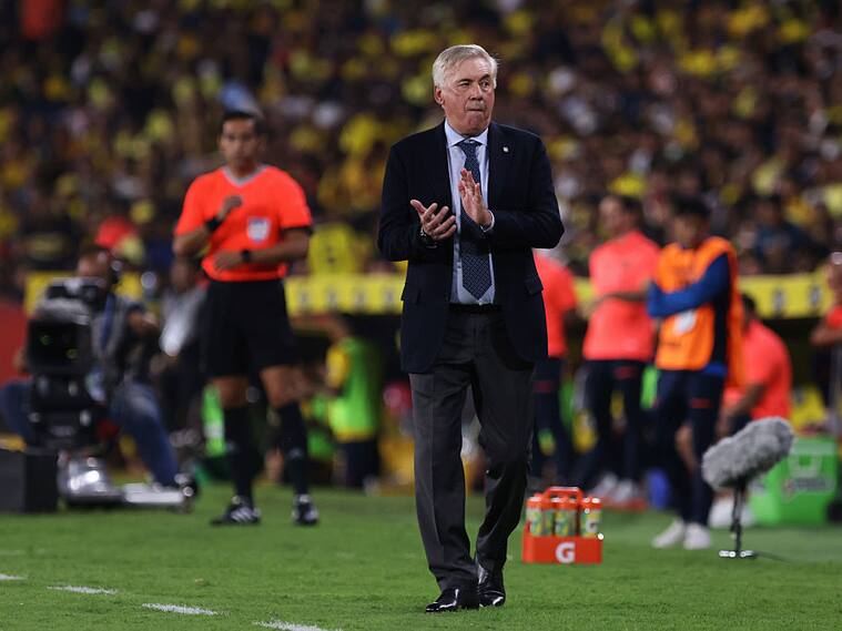 GUAYAQUIL, ECUADOR - JUNE 05: Carlo Ancelotti, Head Coach of Brazil reacts during the FIFA World Cup 2026 Qualifier match between Ecuador and Brazil at Estadio Monumental Isidro Romero Carbo on June 05, 2025 in Guayaquil, Ecuador. (Photo by Franklin Jacome/Getty Images)
