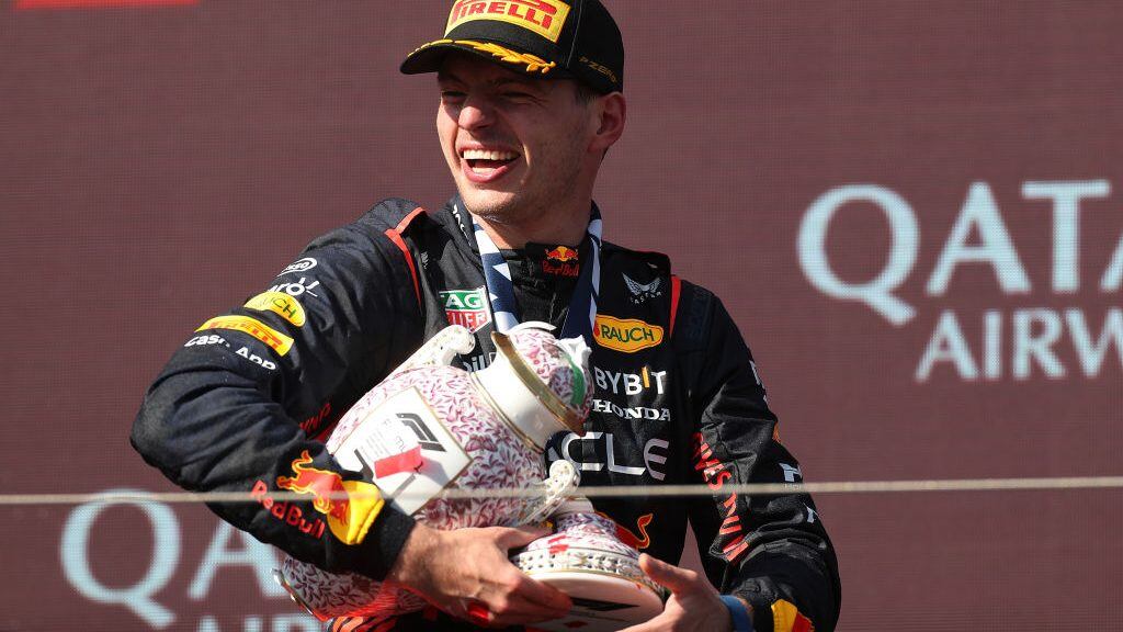 BUDAPEST, HUNGARY - JULY 23: Race winner Max Verstappen of the Netherlands and Oracle Red Bull Racing celebrates on the podium during the F1 Grand Prix of Hungary at Hungaroring on July 23, 2023 in Budapest, Hungary. (Photo by Peter Fox/Getty Images)