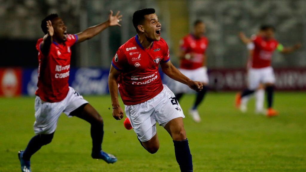 Bolivia's Jorge Wilstermann midfielder Moises Villarroel celebrates after scoring against Chile's Colo Colo during their closed-door Copa Libertadores group phase football match at the Monumental Stadium in Santiago, on October 20, 2020, amid the COVID-19 novel coronavirus pandemic. (Photo by Alberto Valdes / POOL / AFP) (Photo by ALBERTO VALDES/POOL/AFP via Getty Images)