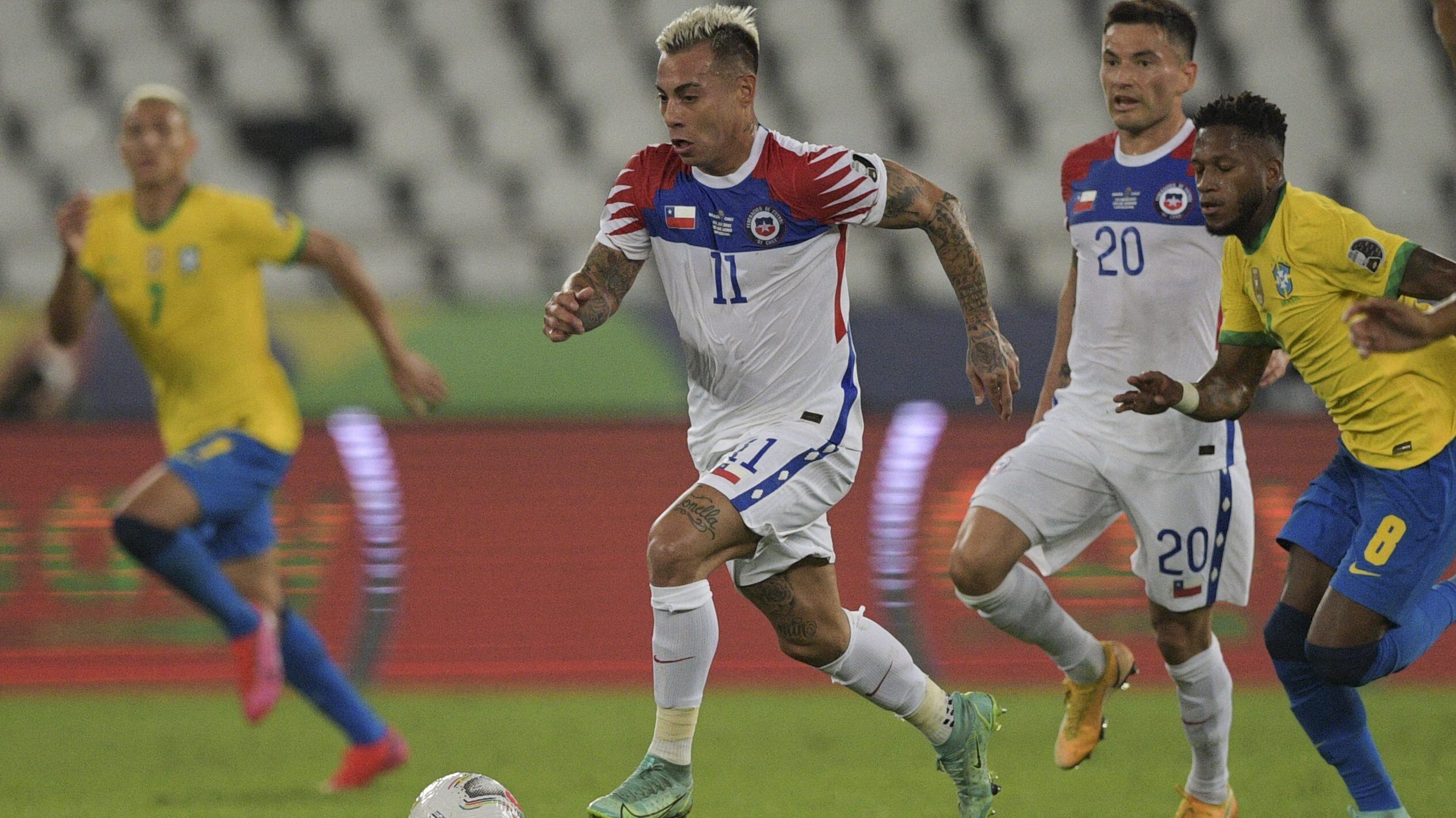 Chile's Eduardo Vargas controls the ball during their Conmebol 2021 Copa America football tournament quarter-final match against Brazil at the Nilton Santos Stadium in Rio de Janeiro, Brazil, on July 2, 2021. (Photo by CARL DE SOUZA / AFP) (Photo by CARL DE SOUZA/AFP via Getty Images)