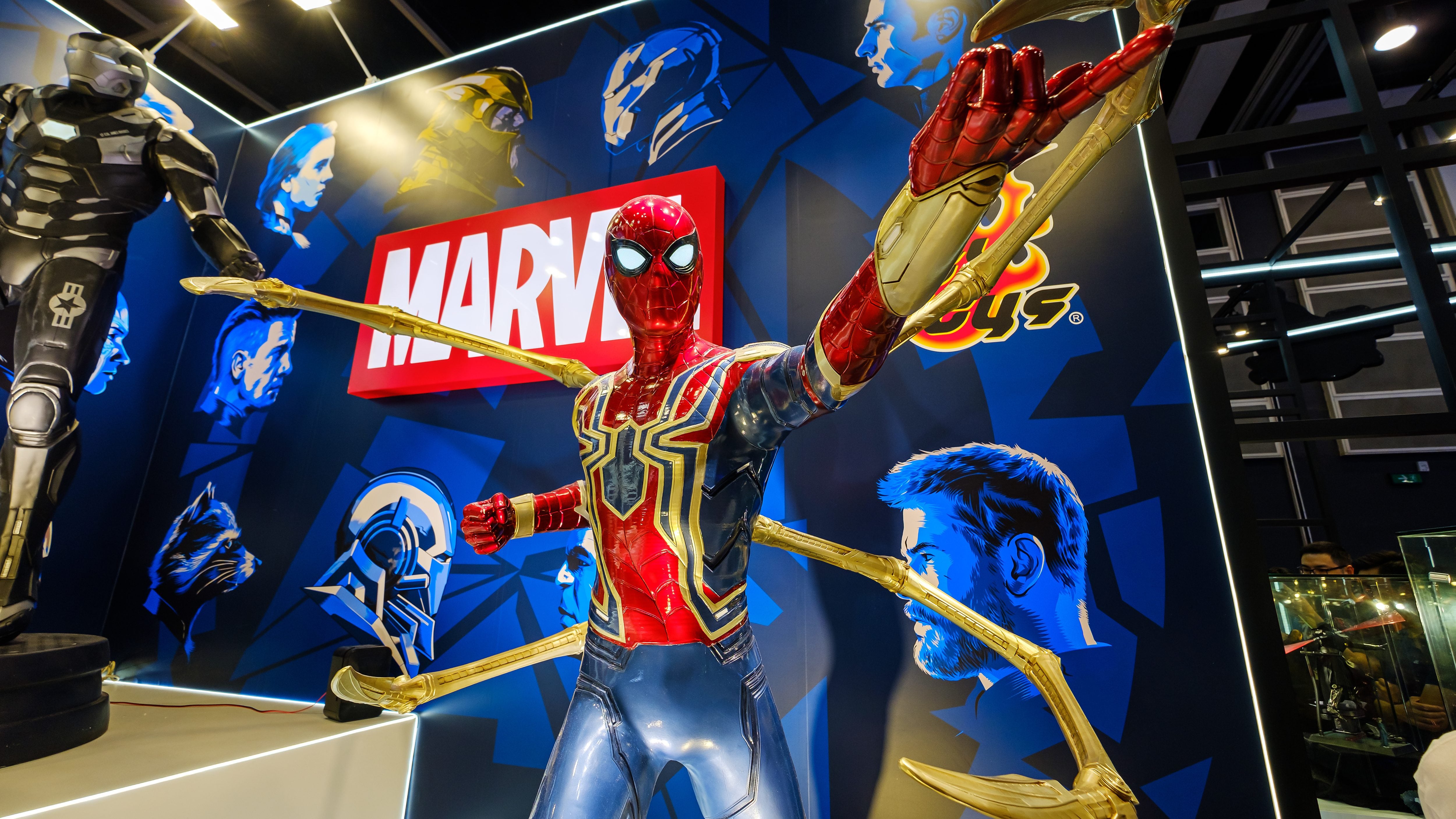 HONG KONG, CHINA - 2019/07/30: Marvel movie backdrop display with Spider-man replica at the Ani-Com &amp; Games HK Exhibition event in Hong Kong.ACGHK is the perfect platform for sales and business opportunities in the big wave of creative industry &amp; digital entertainment development. As the most popular summer carnival in Hong Kong. (Photo by Daniel Fung/SOPA Images/LightRocket via Getty Images)