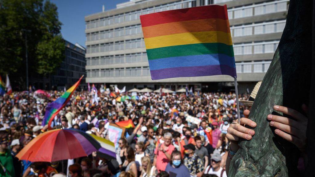 Members of lesbian, gay, bisexual, transgender, intersex and queer (LGBTIQ) community take part in the Zurich Pride on September 4, 2021 ahead of a nationwide votation on the marriage for all. - Swiss citizens are due to vote on September 26, 2021 to determine whether the right to marry should be extended to same-sex couples or not. (Photo by Fabrice COFFRINI / AFP) (Photo by FABRICE COFFRINI/AFP via Getty Images)
