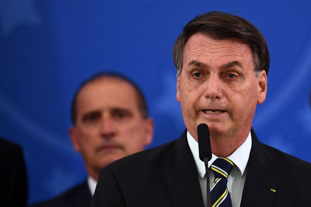Brazil's President Jair Bolsonaro delivers a press conference in Brasilia, Brazil, on April 24, 2020. - Brazilian Minister of Justice and Public Security, Sergio Moro, announce his resignation on Friday after Brazilian President Jair Bolsonaro dismissed the head of the Brazilian Federal Police, according to sources close to the popular former anti-corruption judge. (Photo by EVARISTO SA / AFP) (Photo by EVARISTO SA/AFP via Getty Images)