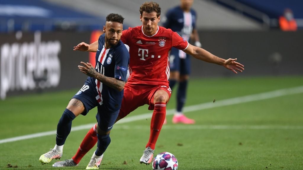 Paris Saint-Germain's Brazilian forward Neymar (L) outruns Bayern Munich's German midfielder Leon Goretzka during the UEFA Champions League final football match between Paris Saint-Germain and Bayern Munich at the Luz stadium in Lisbon on August 23, 2020. (Photo by David Ramos / POOL / AFP) (Photo by DAVID RAMOS/POOL/AFP via Getty Images)