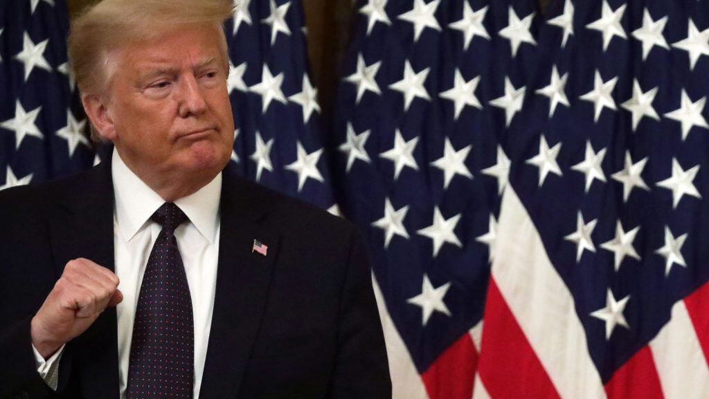 WASHINGTON, DC - JUNE 17: U.S. President Donald Trump gestures during an East Room event to announce the “PREVENTS Task Force” at the White House June 17, 2020 in Washington, DC. President Trump held the event to announce plans to prevent suicides among U.S. military veterans.  (Photo by Alex Wong/Getty Images)