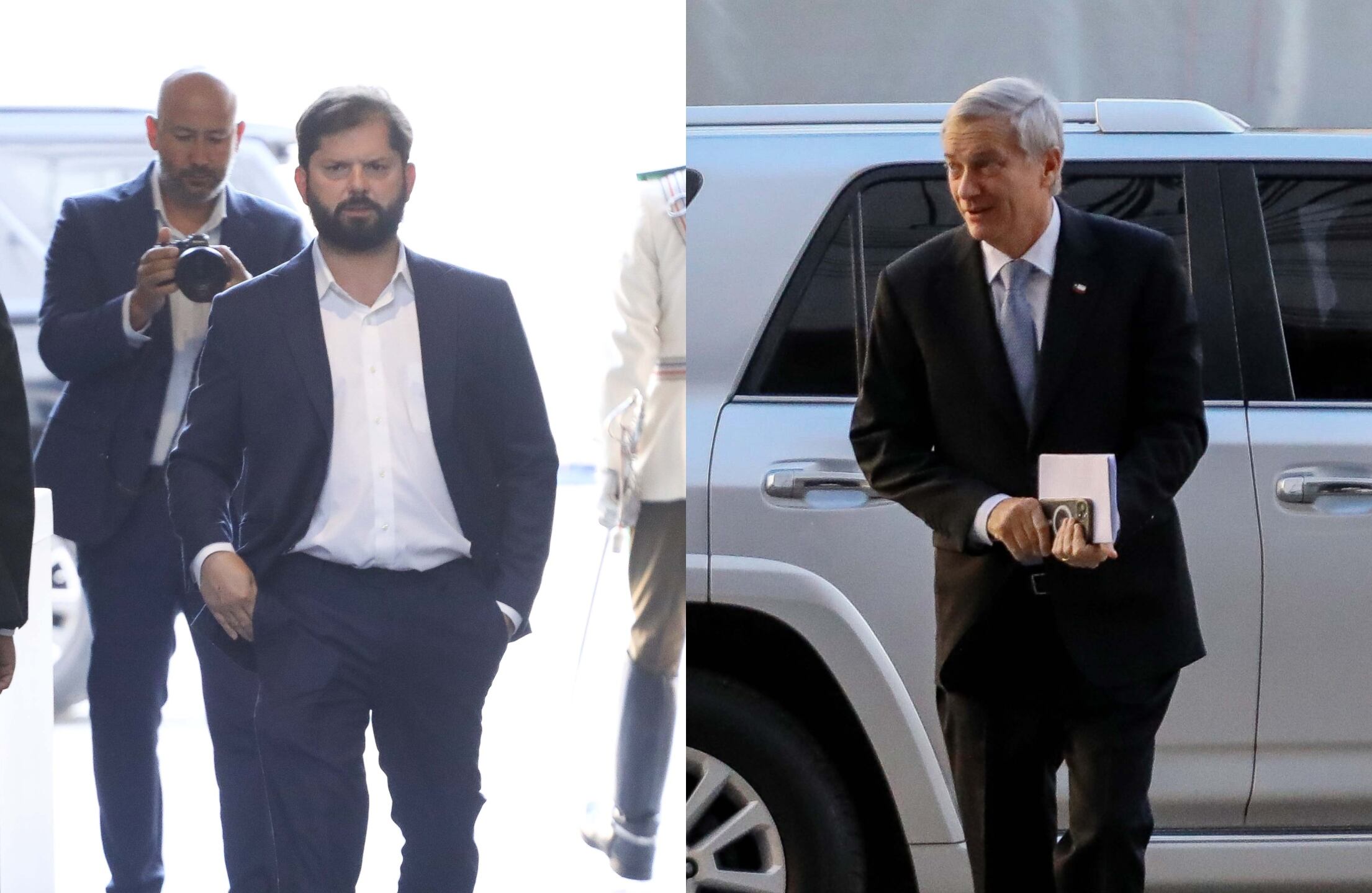 Fotos: Agencia UNO | El Presidente Gabriel Boric y el mandatario electo, José Antonio Kast, llegando al Palacio de La Moneda.