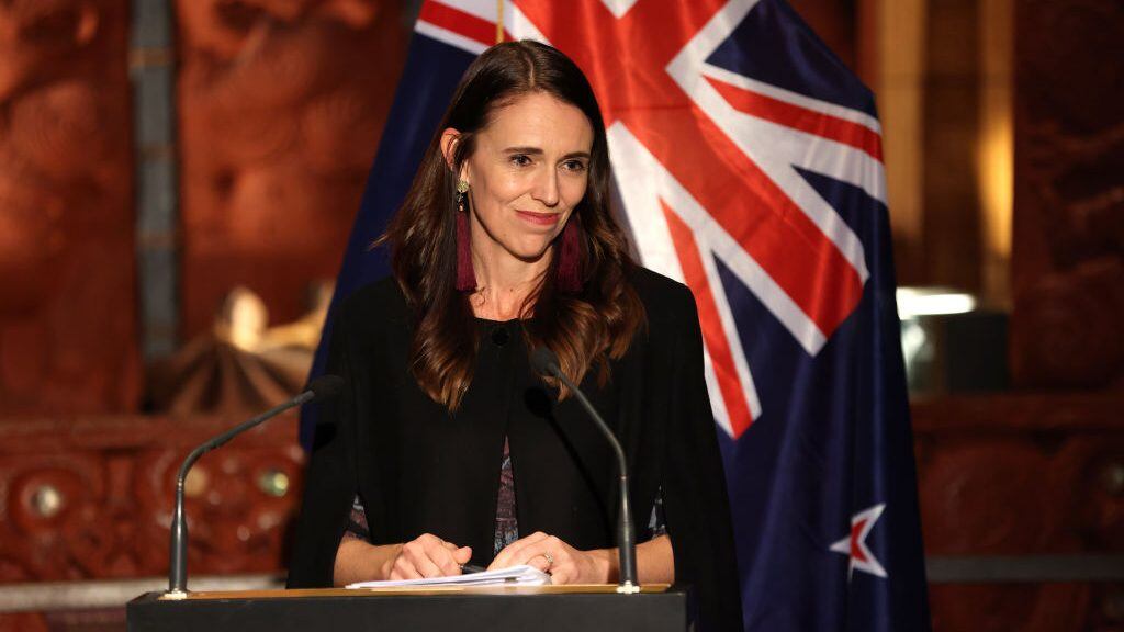 AUCKLAND, NEW ZEALAND - MARCH 26: New Zealand Prime Minister Jacinda Ardern holds a joint press conference with Cook Islands Prime Minister Mark Brown at the Auckland War Memorial Museum on March 26, 2021 in Auckland, New Zealand.Cook Islands Prime Minister Mark Brown is the first international leader to visit New Zealand since the COVID-19 border closure. (Photo by Phil Walter/Getty Images)