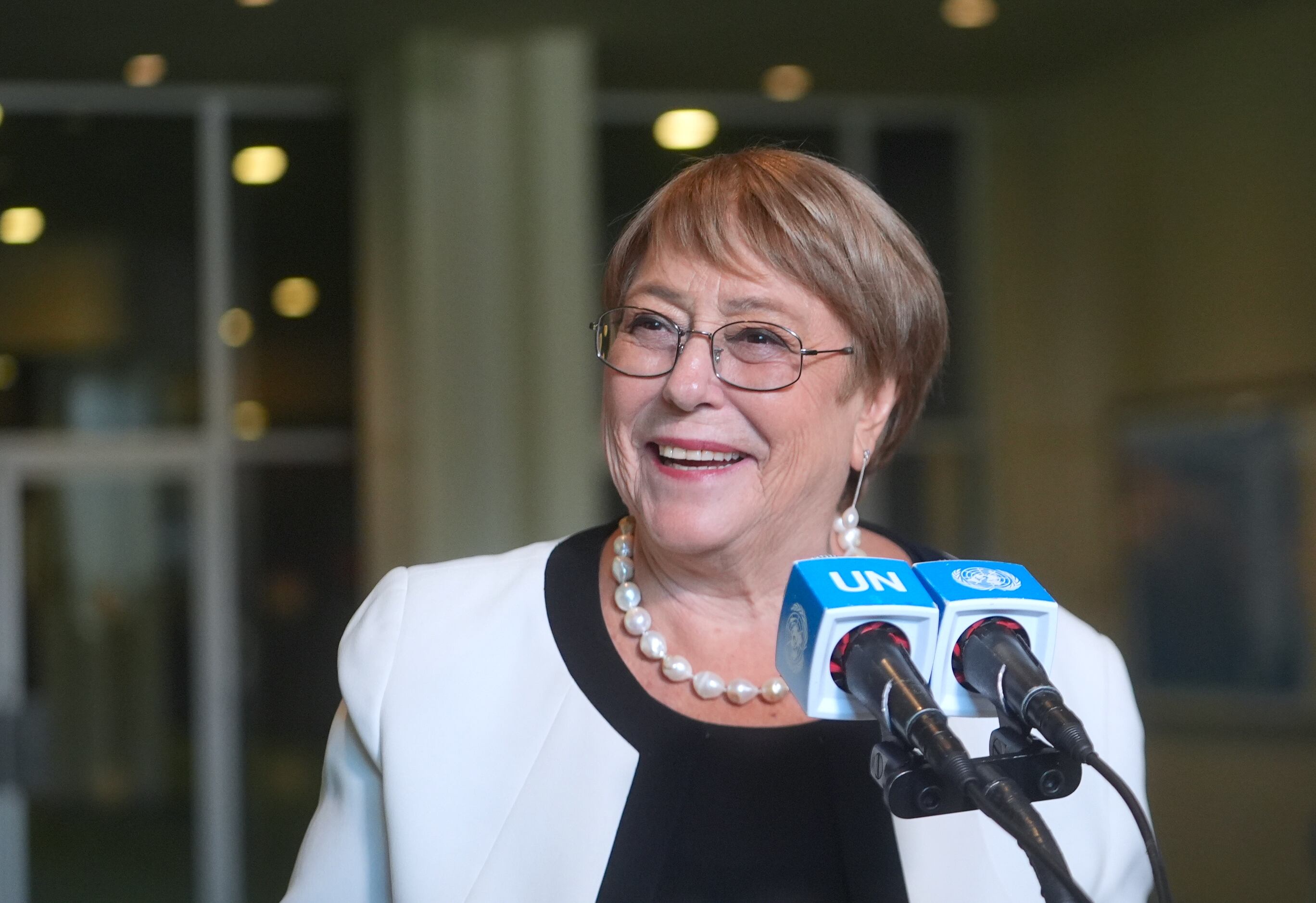 NEW YORK, UNITED NATIONS - APRIL 21: Former Chilean President, Michelle Bachelet Jeria speaks to the UN press after her next UN Secretary-General interactive dialogues with delegates at the UN Headquarters, New York City, U.S., on Tuesday, April 21, 2026. (Photo by Selcuk Acar/Anadolu via Getty Images)