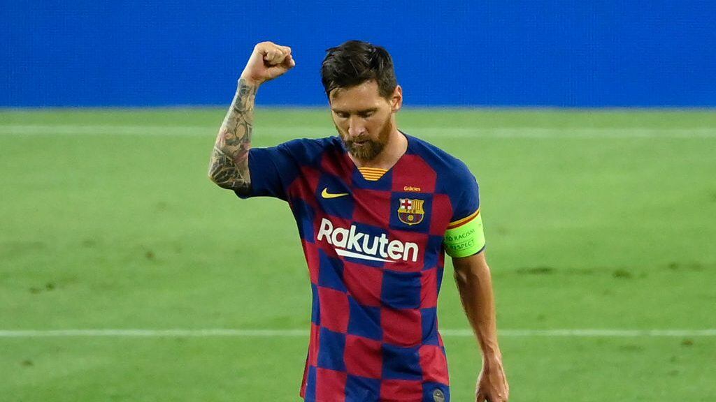 Barcelona's Argentine forward Lionel Messi celebrates after scoring a goal during the UEFA Champions League round of 16 second leg football match between FC Barcelona and Napoli at the Camp Nou stadium in Barcelona on August 8, 2020. (Photo by LLUIS GENE / AFP) (Photo by LLUIS GENE/AFP via Getty Images)