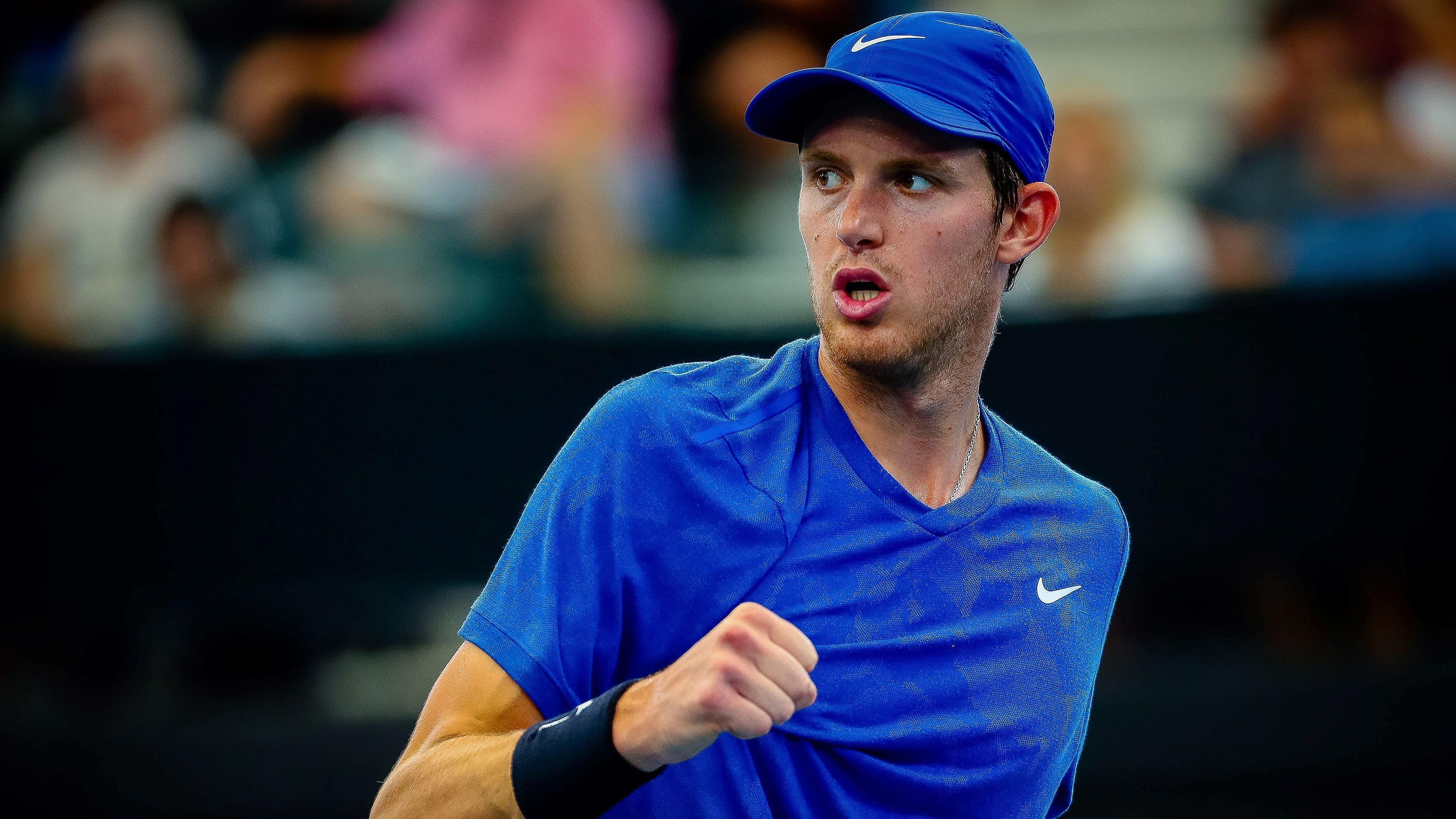 Nicolas Jarry of Chile reacts while playing against Dusan Lajovic of Serbia during their men's singles match on day six of the ATP Cup tennis tournament in Brisbane on January 8, 2020. (Photo by Patrick HAMILTON / AFP) / -- IMAGE RESTRICTED TO EDITORIAL USE - STRICTLY NO COMMERCIAL USE -- (Photo by PATRICK HAMILTON/AFP /AFP via Getty Images)