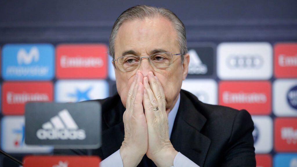 MADRID, SPAIN - MAY 31: Real Madrid CF president Florentino Perez reacts as he listens to Zinedine Zidane during a press conference to announce his resignation as Real Madrid coach at Valdebebas Sport City on May 31, 2018 in Madrid, Spain. Zidane steps down from the position of Manager of Real Madrid, after leading the club to it's third consecutive UEFA Champions League title. (Photo by Gonzalo Arroyo Moreno/Getty Images)
