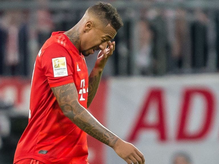 MUNICH, GERMANY - FEBRUARY 09: (BILD ZEITUNG OUT) Jerome Boateng of FC Bayern Muenchen looks dejected during the Bundesliga match between FC Bayern Muenchen and RB Leipzig at Allianz Arena on February 9, 2020 in Munich, Germany. (Photo by DeFodi Images via Getty Images)