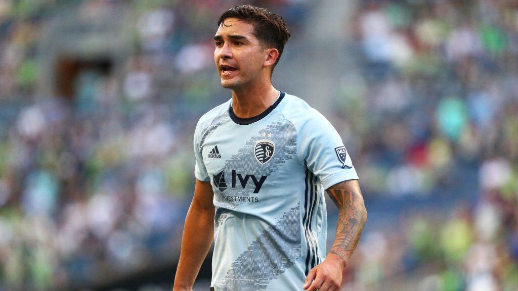 SEATTLE, WASHINGTON - AUGUST 04: Felipe Gutierrez #21 of Sporting Kansas City reacts against the Seattle Sounders in the first half during their game at CenturyLink Field on August 04, 2019 in Seattle, Washington. (Photo by Abbie Parr/Getty Images)