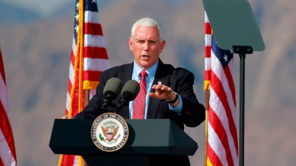 US Vice President Mike Pence speaks at a "Make America Great Again" rally on October 8, 2020, in Boulder City, Nevada. (Photo by Ronda Churchill / AFP) (Photo by RONDA CHURCHILL/AFP via Getty Images)