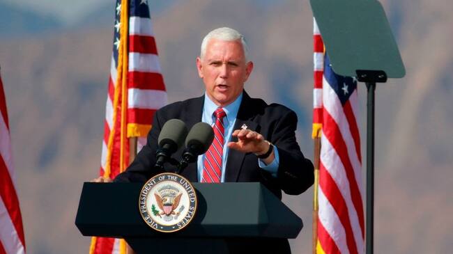 US Vice President Mike Pence speaks at a "Make America Great Again" rally on October 8, 2020, in Boulder City, Nevada. (Photo by Ronda Churchill / AFP) (Photo by RONDA CHURCHILL/AFP via Getty Images)