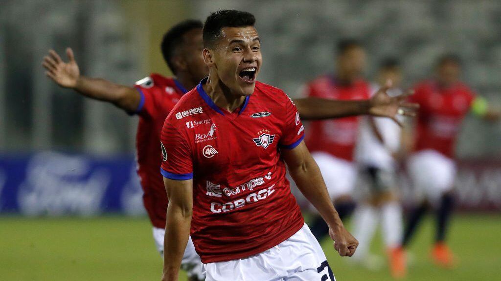 SANTIAGO, CHILE - OCTOBER 20: Moisés Villarroel of Jorge Wilstermann celebrates after scoring the first goal of his team during a Group C match of Copa CONMEBOL Libertadores 2020 between Colo-Colo and Wilstermann at Estadio Monumental David Arellano on October 20, 2020 in Santiago, Chile. (Photo by Alberto Valdés - Pool/Pool)