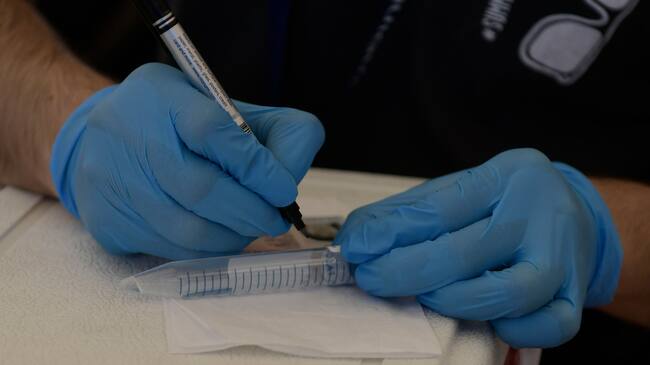 25 de JULIO O 2020 / ALTO HOSPICIOPersonal de salud primaria de la Municipalidad de Alto Hospicio efectuó test PCR a trabajadores de Feria Agropecuaria de dicha comuna, durante la emergencia sanitaria que ha provocado la pandemia Covid-19 en todo el país.
En la imagen un funcionaria escribe los datos de una persona en el tubo de muestras.
FOTO: CRISTIAN VIVERO BOORNES/AGENCIAUNO