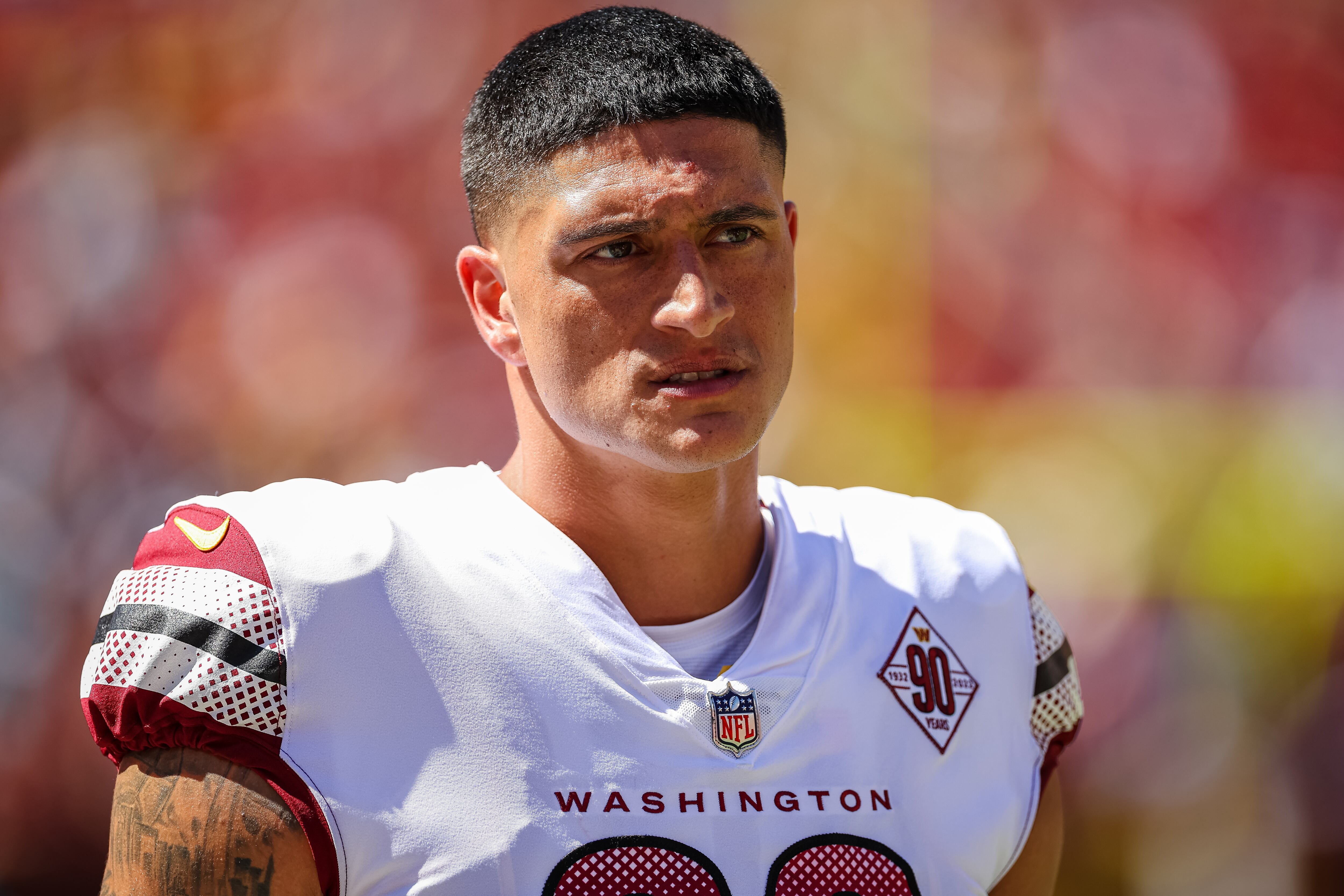 LANDOVER, MD - AUGUST 13: Sammis Reyes #80 of the Washington Commanders looks on against the Carolina Panthers during the second half of the preseason game at FedExField on August 13, 2022 in Landover, Maryland. (Photo by Scott Taetsch/Getty Images)