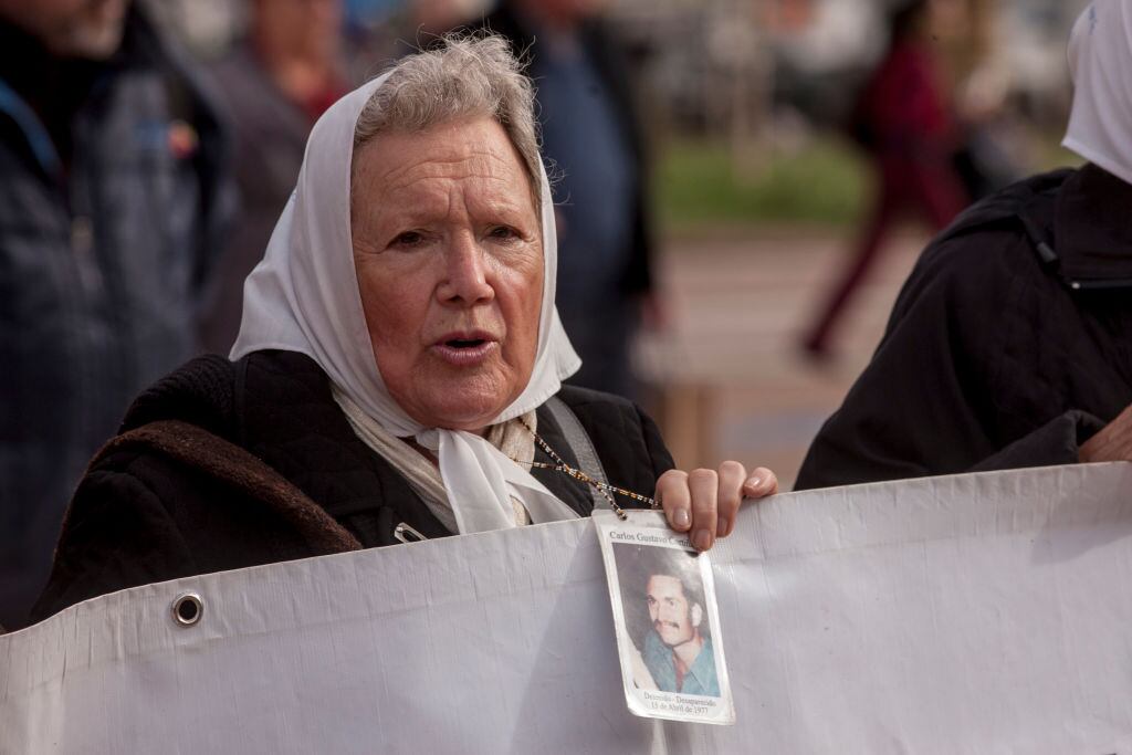 BUENOS AIRES, ARGENTINA - SEPTEMBER 03: Nora Cortiñas, Mother of Plaza de Mayo, walks around the Piramide de Mayo demanding "truth and justice" on September 03, 2009 in Buenos Aires, Argentina. His son Carlos Gustavo Cortiñas was arrested and disappeared in Buenos Aires, Argentina on April 15, 1977, by members of the armed forces during the last civil-military dictatorship (1976-1983). (Photo by Ricardo Ceppi/Getty Images)
