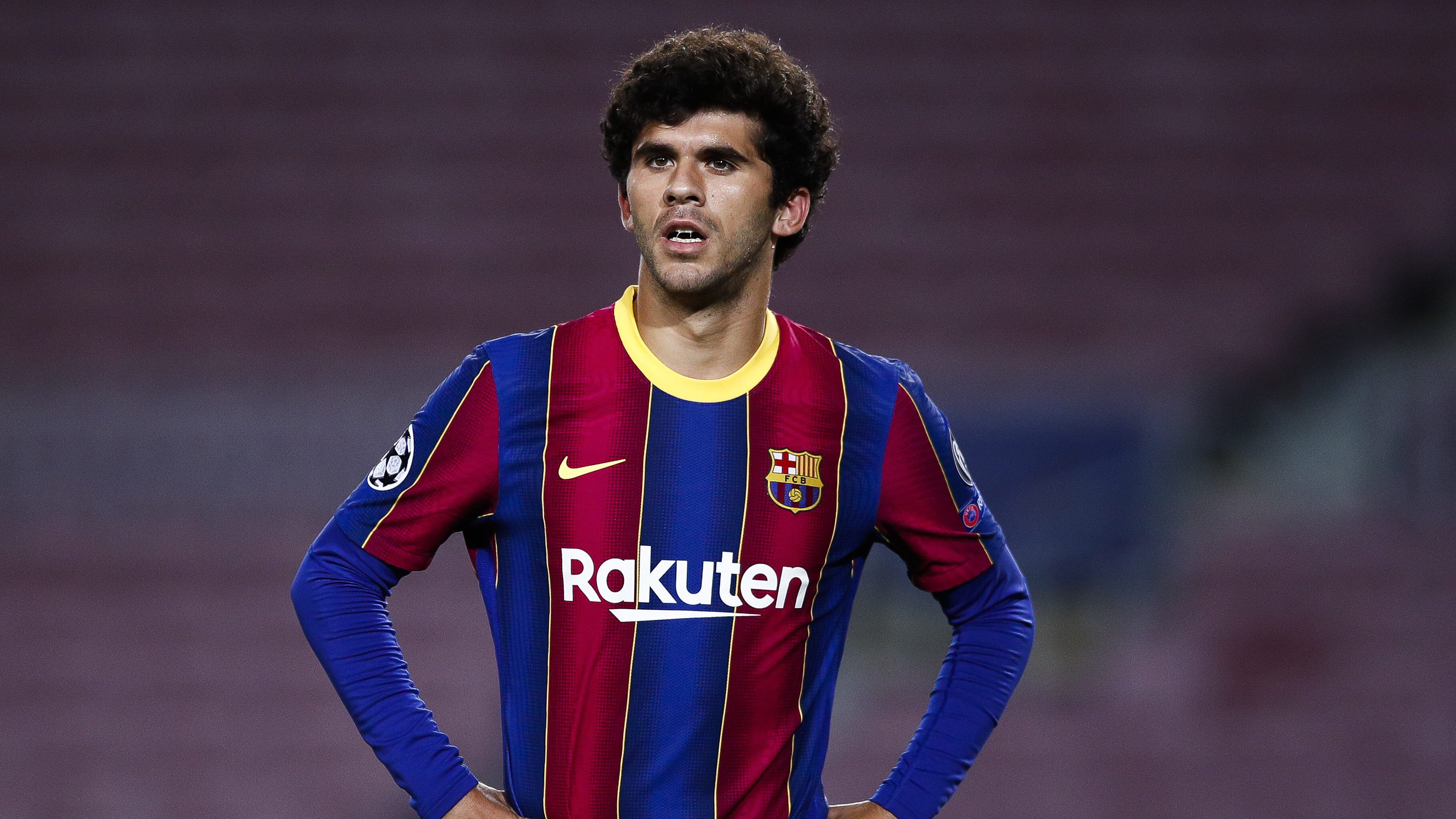 BARCELONA, SPAIN - NOVEMBER 04: Carles Alena of FC Barcelona looks on during the UEFA Champions League Group G stage match between FC Barcelona and Dynamo Kyiv at Camp Nou on November 04, 2020 in Barcelona, Spain. (Photo by Eric Alonso/Getty Images)