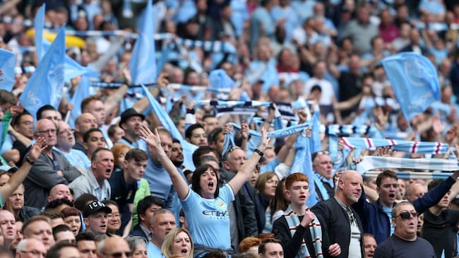 LONDON, ENGLAND - MAY 18: Manchester City fans show their support during the FA Cup Final match between Manchester City and Watford at Wembley Stadium on May 18, 2019 in London, England. (Photo by Victoria Haydn/Manchester City FC via Getty Images)