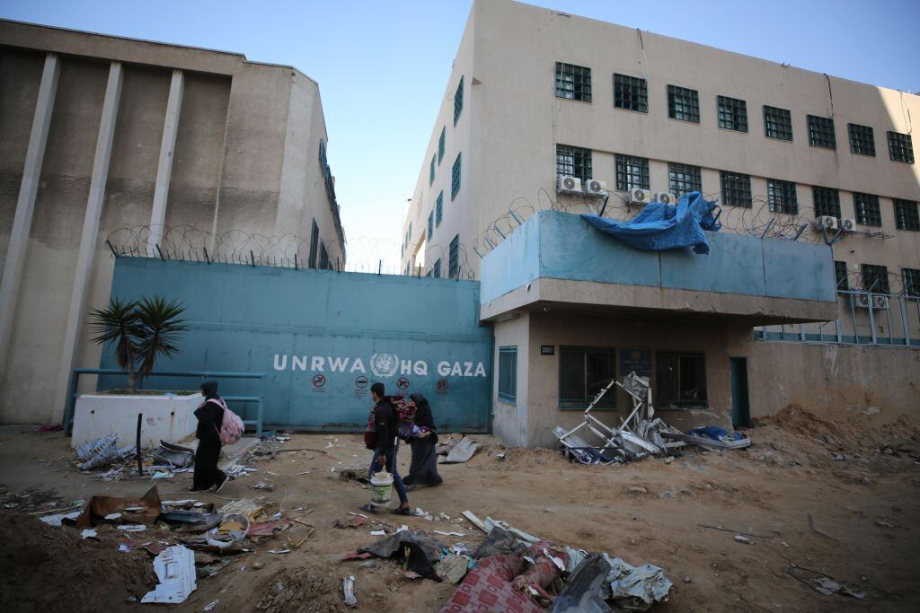 GAZA CITY, GAZA - FEBRUARY 21: A view of the destruction as a result of Israeli attacks at the UNRWA headquarters, which provides assistance to millions of Palestinians and is affiliated with the United Nations in Gaza City, Gaza on February 21, 2024. (Photo by Dawoud Abo Alkas/Anadolu via Getty Images)