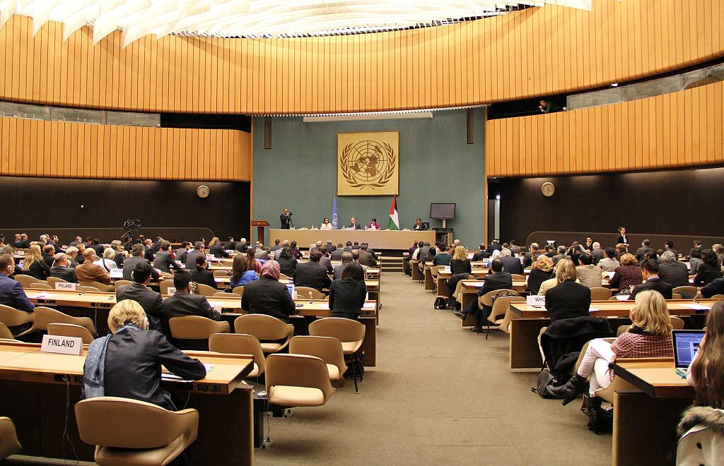 GENEVA, SWITZERLAND - NOVEMBER 26: UN holds a meeting to mark the International Day of Solidarity with Palestinians at the United Nations Office at Geneva (UNOG) on November 26,2014. (Photo by Fatih Erel/Anadolu Agency/Getty Images)