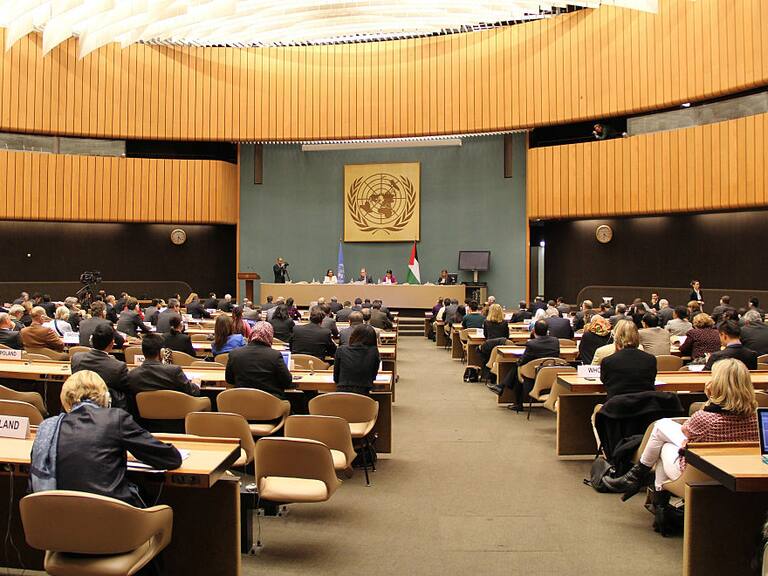 GENEVA, SWITZERLAND - NOVEMBER 26: UN holds a meeting to mark the International Day of Solidarity with Palestinians at the United Nations Office at Geneva (UNOG) on November 26,2014. (Photo by Fatih Erel/Anadolu Agency/Getty Images)