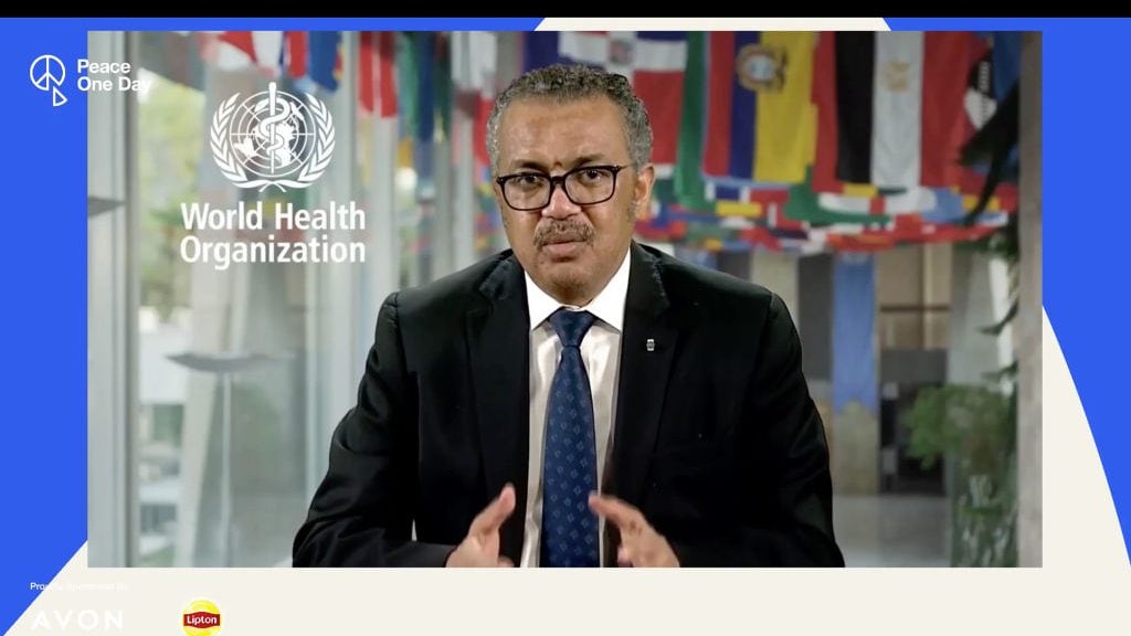 GENEVA, SWITZERLAND - SEPTEMBER 21: In this screen grab, Tedros Adhanom, Director General of the World Health Organization speaks during Peace One Day, presented virtually on the UN International Day of Peace on September 21, 2020 in Geneva, Switzerland. Peace One Day is an annual global event, produced by Jeremy Gilley and Jude Law, whose objective is to institutionalise the International Day of Peace. This year the global event is being presented digitally due to restrictions imposed by COVID-19.  (Photo by Peace One Day via Getty Images)