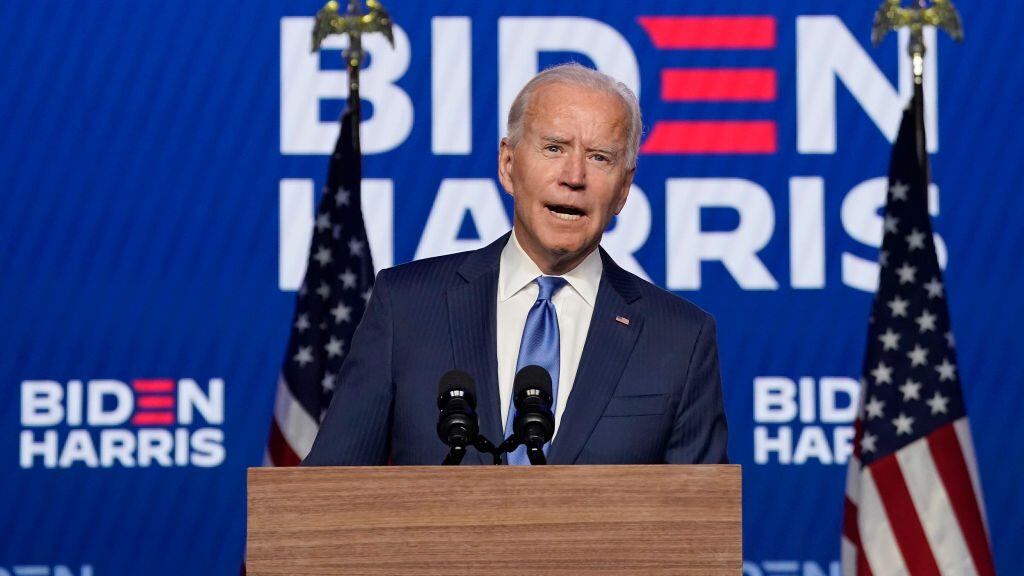 WILMINGTON, DELAWARE - NOVEMBER 06: Democratic presidential nominee Joe Biden addresses the nation at the Chase Center November 06, 2020 in Wilmington, Delaware. The winner of the 2020 presidential election has yet to be declared, as vote counting continues in the key states of Pennsylvania, Georgia, Nevada, Arizona, and North Carolina. (Photo by Drew Angerer/Getty Images)