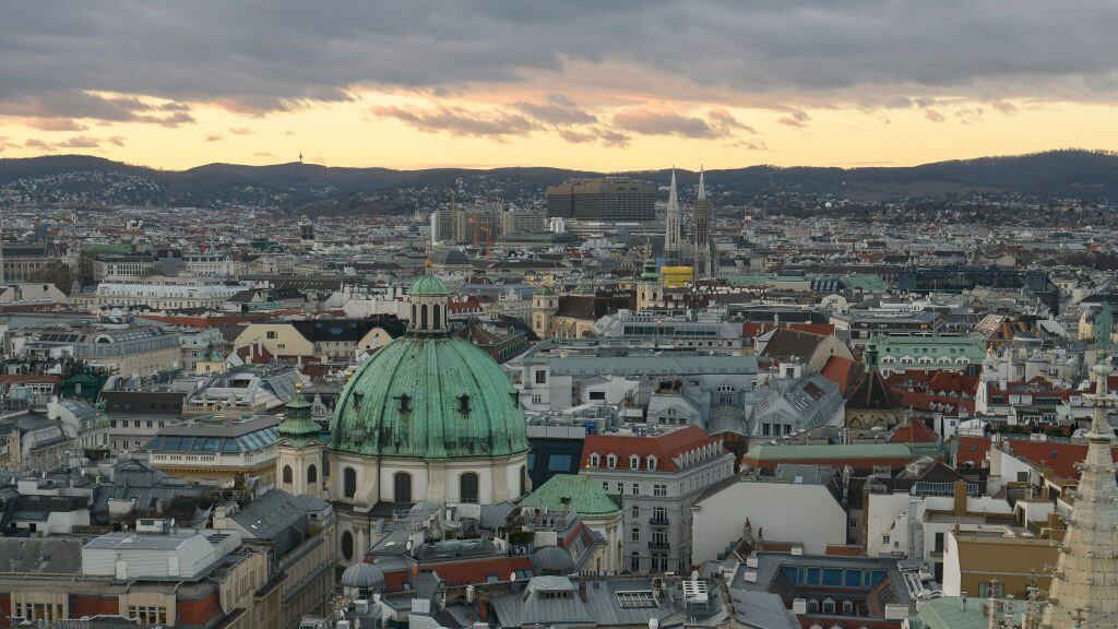 Panoramic view of Vienna from the South Tower of St. Stephen Cathedral or Stephansdom, main catholic church in Vienna, Austria. January 2022 (Photo by Maxym Marusenko/NurPhoto via Getty Images)