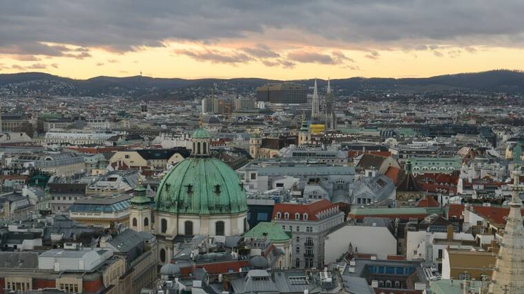 Panoramic view of Vienna from the South Tower of St. Stephen Cathedral or Stephansdom, main catholic church in Vienna, Austria. January 2022 (Photo by Maxym Marusenko/NurPhoto via Getty Images)