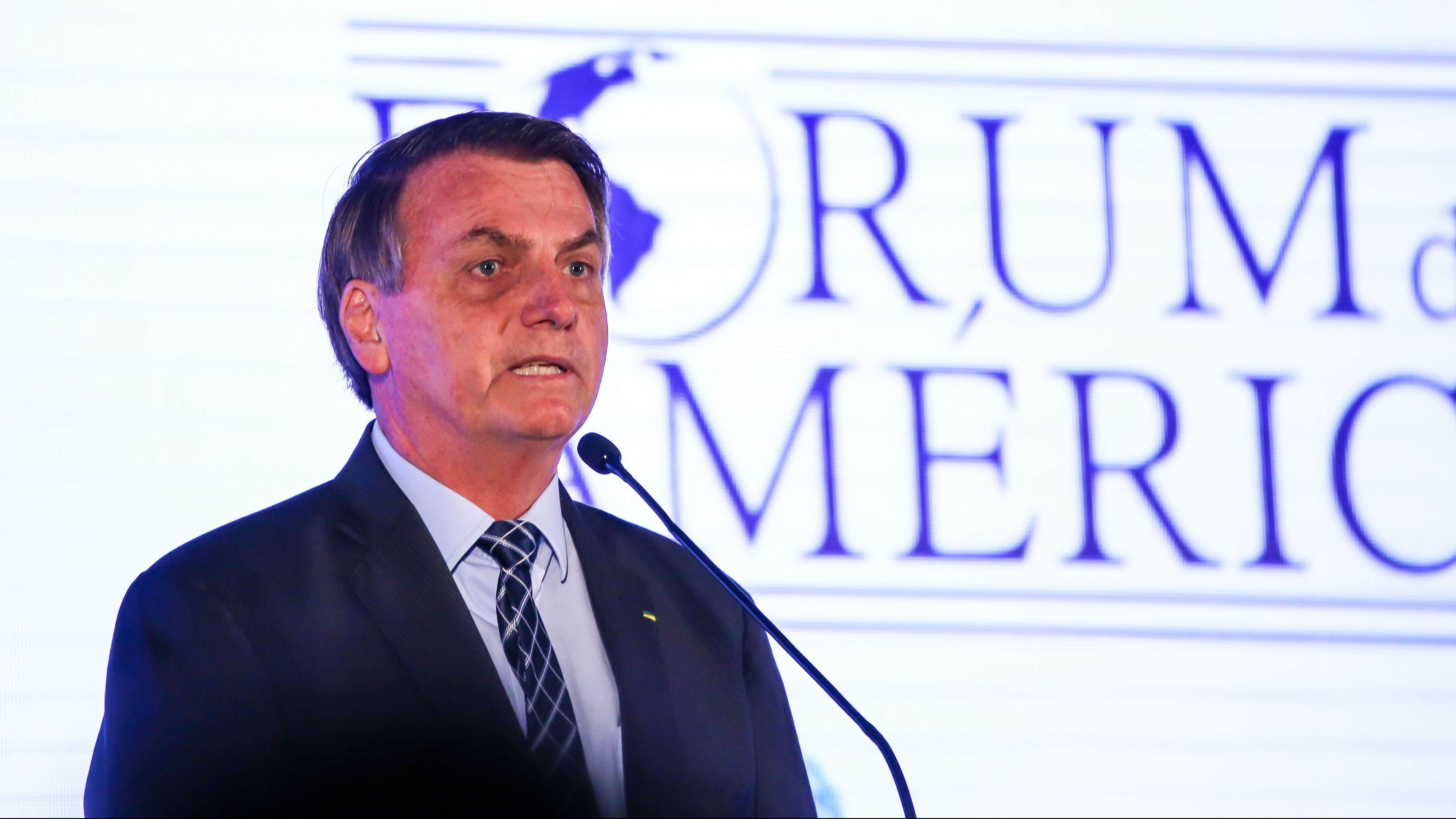 Brazilian President Jair Bolsonaro speaks at the Forum Of The Americas at the InterContinental Miami in Miami, Florida on March 10, 2020. (Photo by Zak BENNETT / AFP) (Photo by ZAK BENNETT/AFP via Getty Images)