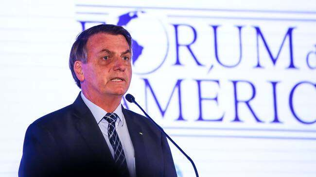 Brazilian President Jair Bolsonaro speaks at the Forum Of The Americas at the InterContinental Miami in Miami, Florida on March 10, 2020. (Photo by Zak BENNETT / AFP) (Photo by ZAK BENNETT/AFP via Getty Images)