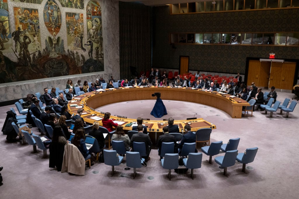 La sala de una sesión del Consejo de Seguridad de las Naciones Unidas, en la sede del organismo en la ciudad de Nueva York en Estados Unidos.