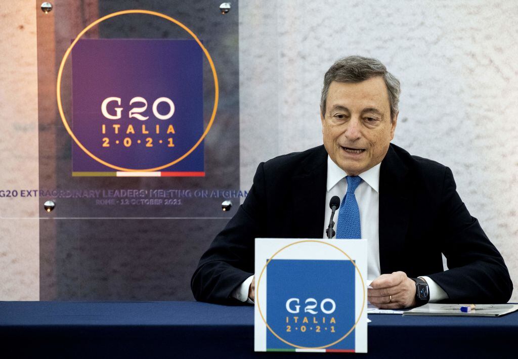 El primer ministro italiano Mario Draghi habla en una cita del G20