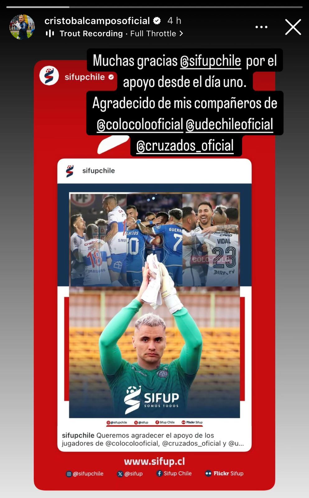 Cristóbal Campos valoró el apoyo de los ‘grandes’ en su recuperación | IG: Cristóbal Campos
