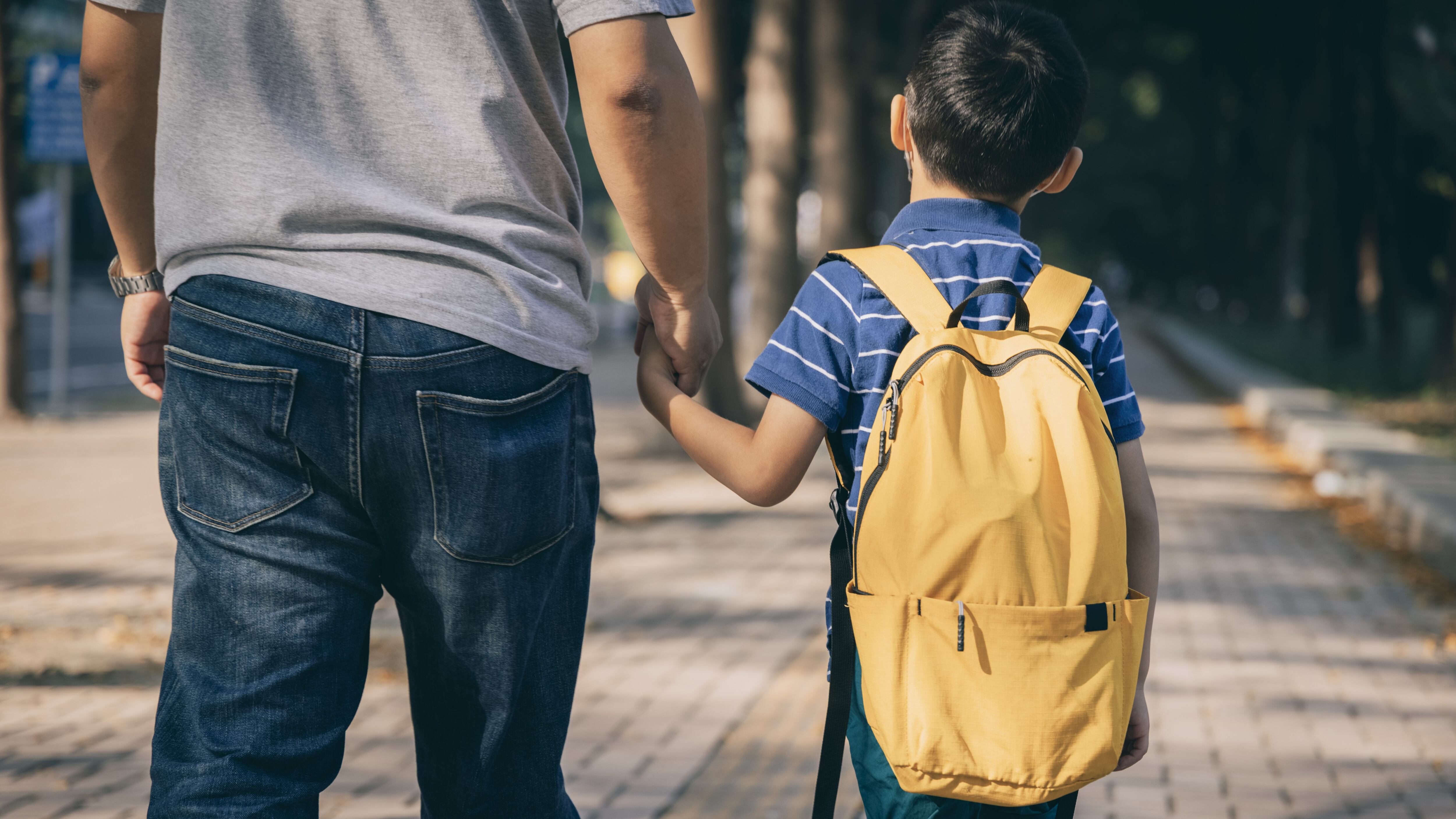 Father and son going to kindergarten