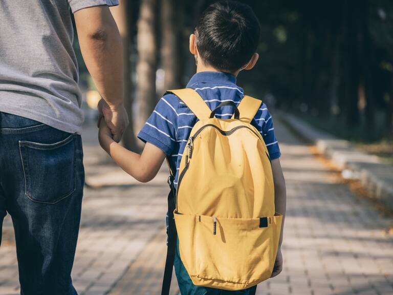 Father and son going to kindergarten