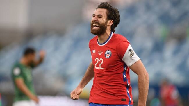 Chile's Ben Brereton celebrates after scoring against Bolivia during their Conmebol Copa America 2021 football tournament group phase match at the Pantanal Arena in Cuiaba, Brazil, on June 18, 2021. (Photo by Douglas MAGNO / AFP) (Photo by DOUGLAS MAGNO/AFP via Getty Images)