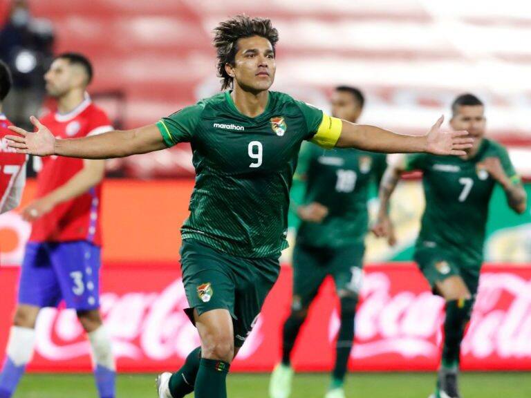Bolivia's Marcelo Martins celebrates after scoring against Chile during their South American qualification football match for the FIFA World Cup Qatar 2022 at the National Stadium in Santiago on June 8, 2021. (Photo by Alberto Valdes / POOL / AFP) (Photo by ALBERTO VALDES/POOL/AFP via Getty Images)