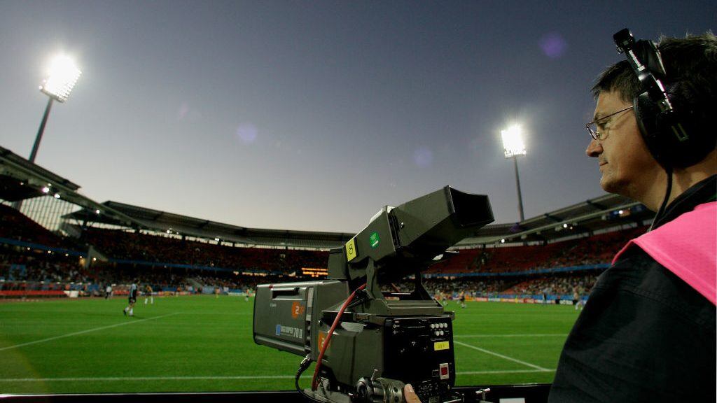 NUREMBERG, GERMANY - JUNE 18: A TV cameraman is seen during the FIFA Confederations Cup 2005 match between Argentina and Australia on June 18, 2005 in Nuremberg, Germany. (Photo by Sandra Behne/Bongarts/Getty Images)