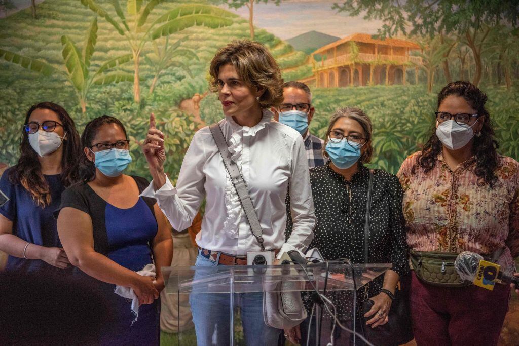 Cristiana Chamorro, former director of the Violeta Barrios de Chamorro Foundation and pre-presidential candidate, gives a press conference after the detention of two of her former employees by the national police and their retention for 90 days for alleged laundering of assets, in Managua on May 31, 2021. - The government of Daniel Ortega increased its siege of the opposition and the independent media with legal and police actions in order to pave the way for his reelection in November, according to human rights organizations. (Photo by Inti OCON / AFP) (Photo by INTI OCON/AFP via Getty Images)