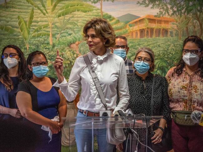 Cristiana Chamorro, former director of the Violeta Barrios de Chamorro Foundation and pre-presidential candidate, gives a press conference after the detention of two of her former employees by the national police and their retention for 90 days for alleged laundering of assets, in Managua on May 31, 2021. - The government of Daniel Ortega increased its siege of the opposition and the independent media with legal and police actions in order to pave the way for his reelection in November, according to human rights organizations. (Photo by Inti OCON / AFP) (Photo by INTI OCON/AFP via Getty Images)